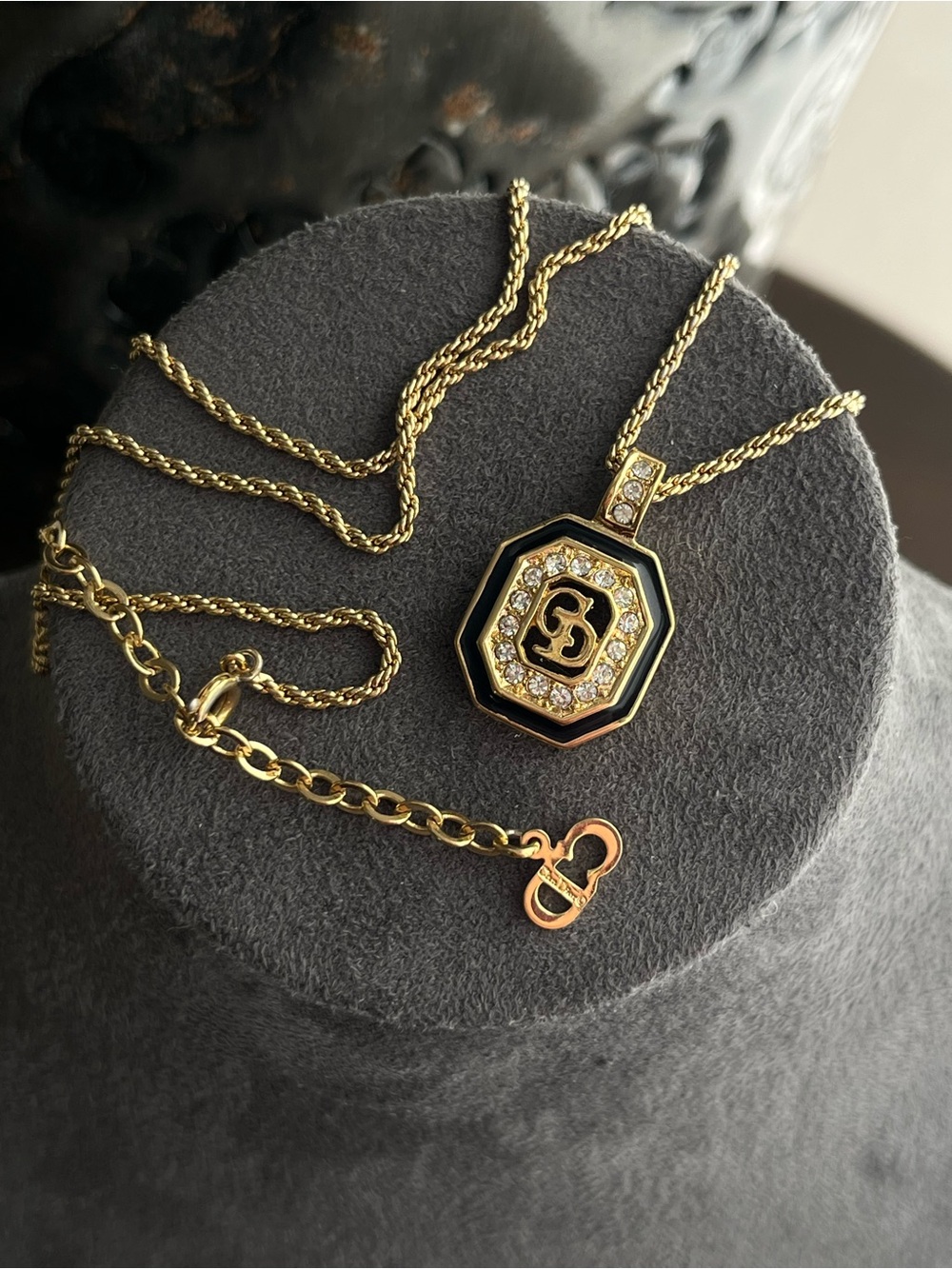 Authentic Vintage Dior CD Logo Monogram Stone Black Enamel Gold Chain Necklace